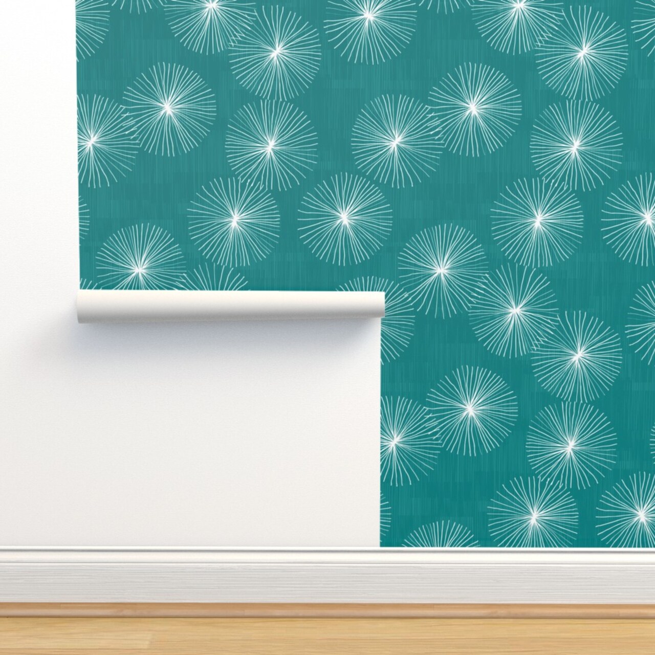 Mid Century Mod Circle Snowflake Minimalist Geo Dandelion White Blue Mod Christmas Custom Removable Wallpaper by Spoonflower Peel & Stick Wallpaper 2FT Wide